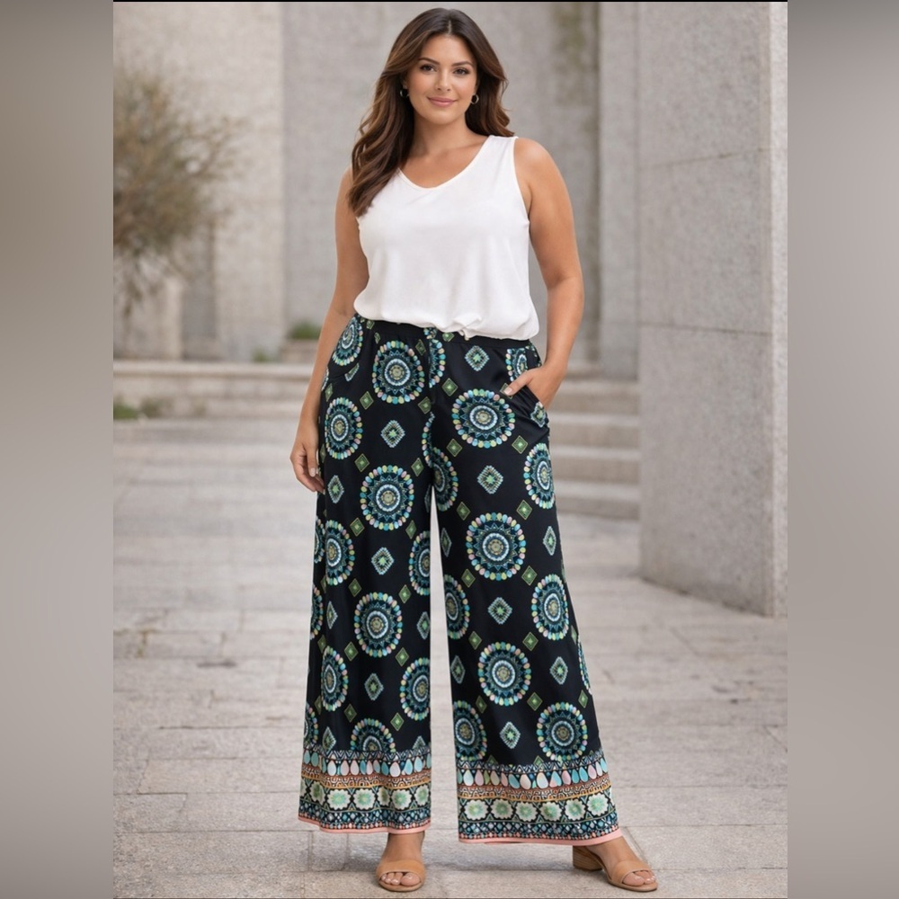 New York & Co. Wide-Leg Geometric Printed Palazzo Pants. Size-Large Resort Wear